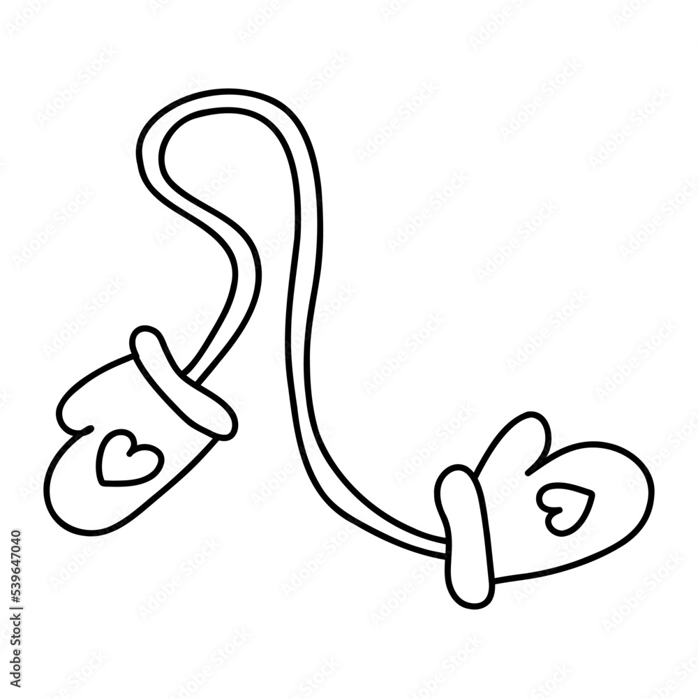 Doodle winter mittens on a rop. Cartoon element, vector sketch illustration, black outline art for web design, icon, print, coloring page Doodle winter mittens on a rop. Cartoon element, vector sketch illustration, black outline art for web design, icon, print, coloring page