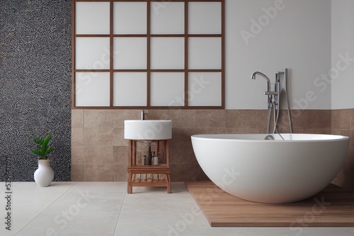 Tiled bathroom interior with a wooden shelf  a sink standing on it  a round mirror and a potted tree in the corner. 3d rendering mock up toned image