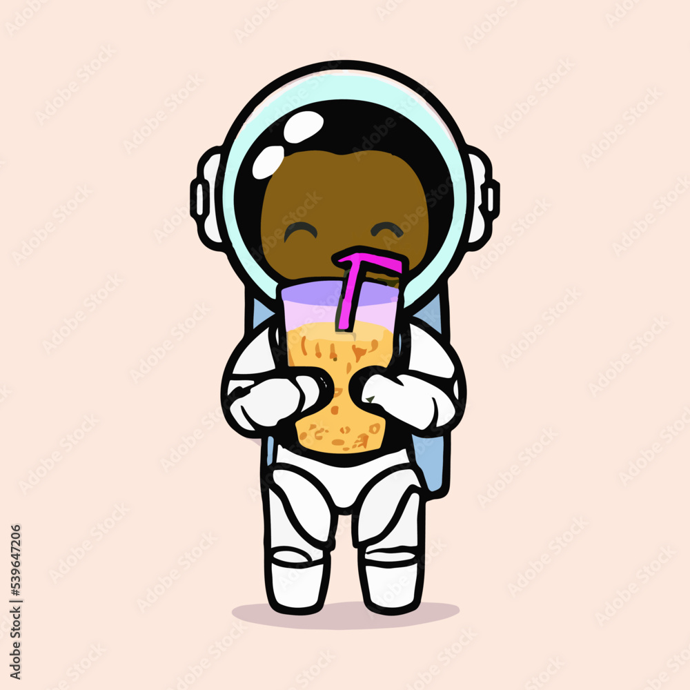 Cute astronaut holding boba milk tea cartoon vector icon illustration. Science food and drink icon concept isolated premium vector. Flat cartoon style.