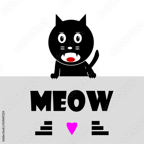 Cat silhouette on white background, Felis catus Cute, Meow font on a gray background, Vector illustration.