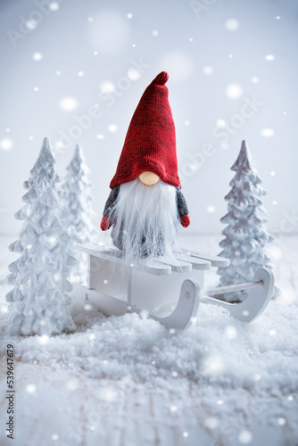 Cute Christmas gnome is sitting on sled, winter country with white trees