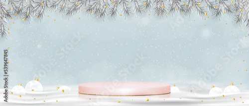 Christmas background with Winter scene, 3D display pink podium with christmas decoration,Vector Showcase stand with snowing on blue sky wall background,Luxury design for New Year 2023
