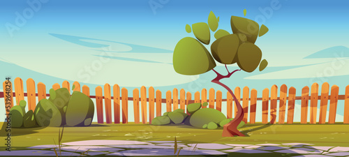 House backyard or cottage yard with paved stone path, green tree, bushes, grass lawn and wooden stockade fence. Summer landscape with home area for BBQ, village garden, Cartoon vector illustration