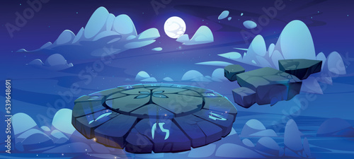 Battle arena, magic altar with runes in float night sky with clouds. Cartoon game background with floating round platform covered with glowing ancient signs and flying rocks, Vector illustration