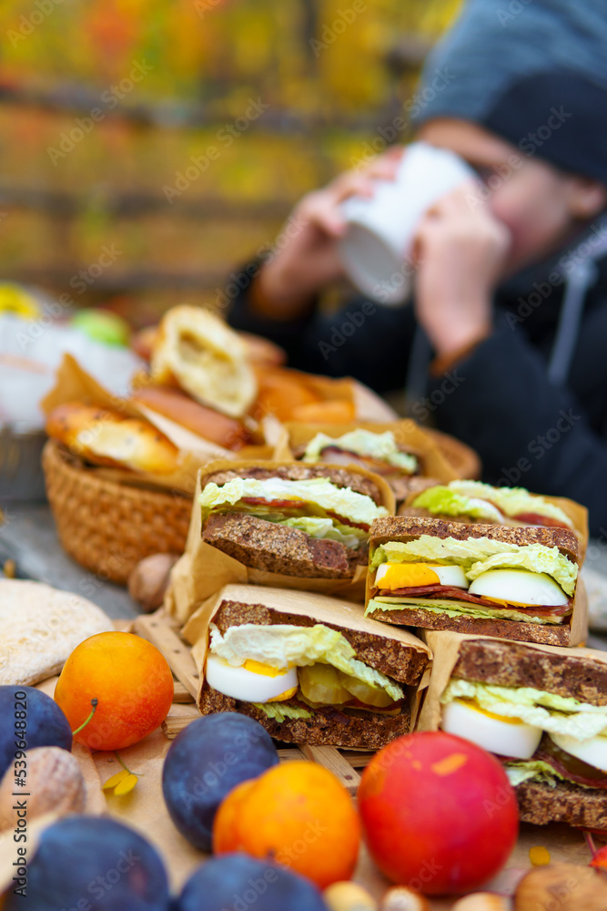 picnic in the autumn season, food on a wooden table, hot tea, pastries and sandwiches