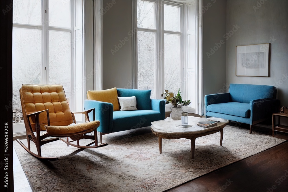 Fototapeta premium Stylish sofa and rocking chair in beautiful living room interior