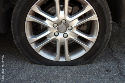 Flat tire on the rear wheel of a car