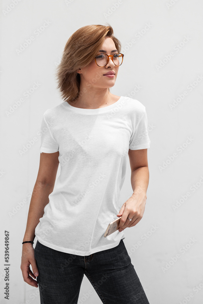 Women white t-shirt mockup with model white background Women white t-shirt mockup with model white background