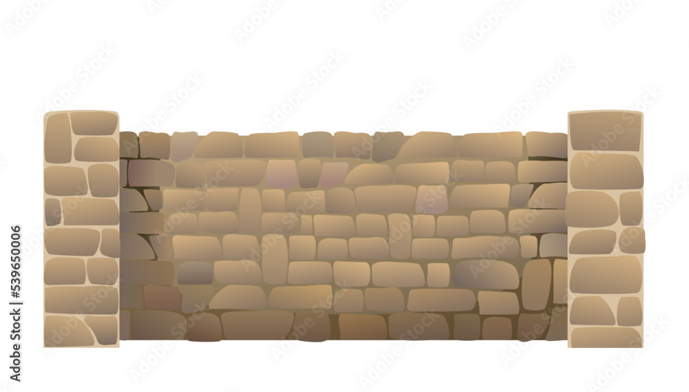 Fence made of rounded stones with supports and a foundation. Isolated on white background Vector. Fence made of rounded stones with supports and a foundation. Isolated on white background Vector.