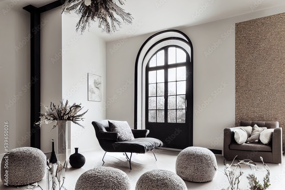 Interior design of aesthetic and elegant room with white boucle armchair,  modern pouf, vase with dried flowers and personal accessories. Stylish home  decor. Template. Copy space. Grunge wall. Illustration Stock | Adobe