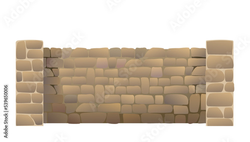 Fence made of rounded stones with supports and a foundation. Isolated on white background Vector.