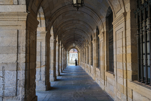 Portico of the Palacio de Rajoy with a person in the background, City Hall of Santiago de Compostela, Galicia, Spain.