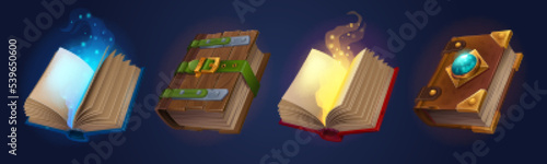 Magic spell books, fantasy alchemy grimoires, closed and open wizard diary with mysterious glow and sparks. Witchcraft game ancient, volumes with esoteric recipes and enchantments, Cartoon vector set
