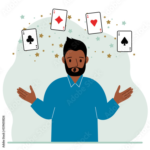 Man holding playing cards cards. Playing combination of 4 aces or four of a kind.