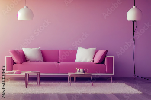 Pink fabric armchair in the living room with coffee table and hanging lamp white classic wall panel and wooden floor. 3d rendering living room interior for design and dacoration.