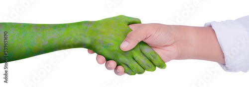 Environment earth day, Hand shake between human hands and nature, Loving the environment, Forest conservation concept, Ecology and Nature concept.