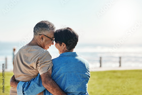 Photography Hug, love and senior couple at the beach for a holiday in Brazil during retirement in summer