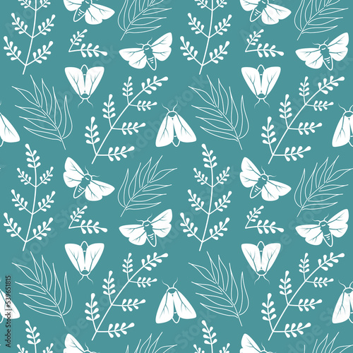 White moths. Seamless pattern. Vector illustration night butterflies and plants on dark background. Monochrome floral background with flying insects.