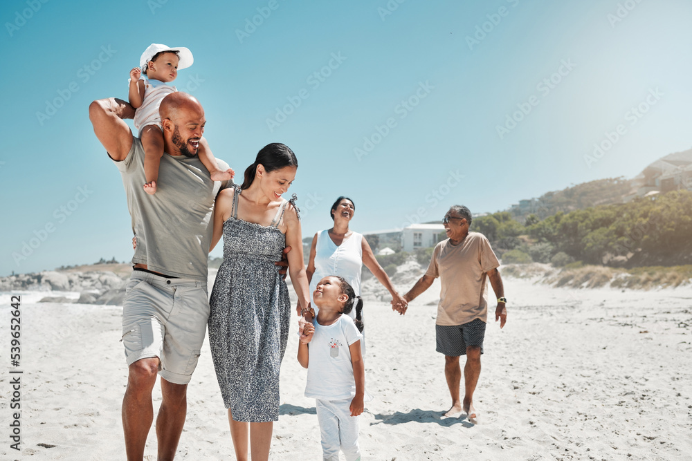 Travel, summer and big family holding hands at beach and walking on vacation, wellness and support together. Smile, love and relax on sea side holiday with happy parents, children and grandparents