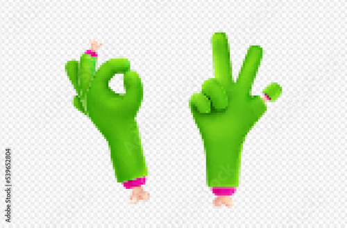 3D zombie hand showing ok and victory gestures. Vector illustration set of green monster fingers with creepy bones isolated on transparent background. Comic Halloween character design elements png