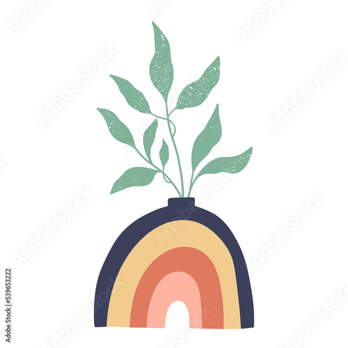 Trendy hand-drawn illustration with rainbow vase and green branches. Vector textured leaves. Minimalist scandinavian style wall art decor, card design, interior poster.