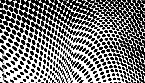 The halftone texture is chaotic monochrome. Abstract black and white waves background of dots. Backdrop for the design of websites, business cards, posters