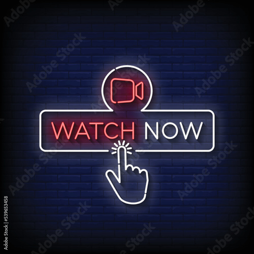 Neon Sign watch now with brick wall background vector