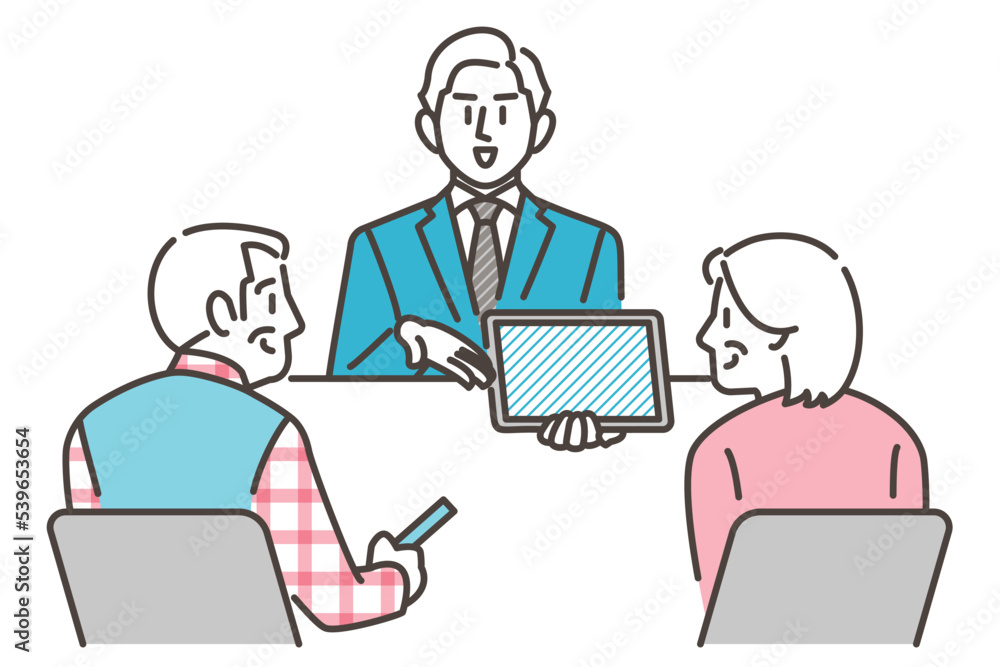 Male businessperson smiling and explaining to a senior couple about a consultation on a tablet [Vector illustration].