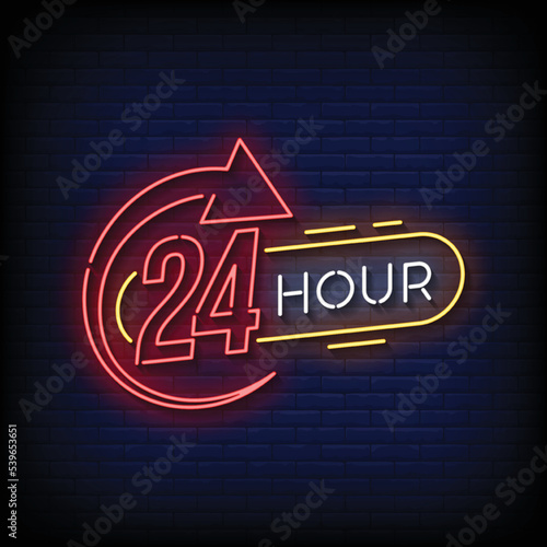 Neon Sign 24 hours with brick wall background vector