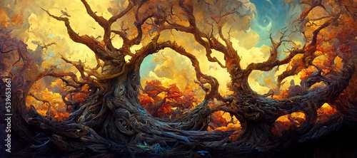 Abstract fantasy woods  ancient oak trees bent and twisted by fiery magical energy  cloudy ethereal swirls and dreamy fantasia world filled with wonder and mythical mystery.