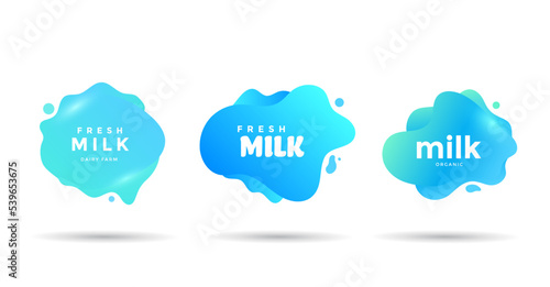 Milk labels and dairy blue blob. Liquid splash shapes for dairy product packaging. Vector