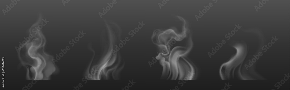 Tea smoke, coffee cup, food steam or vapor clouds, realistic white cigarette or hookah steam trail, hot dish or mug haze isolated design elements on black background, 3d Vector illustration, set - obrazy, fototapety, plakaty 