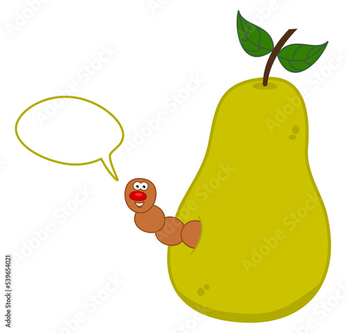 A juicy fruit of a green pear with maggot and talking bubble