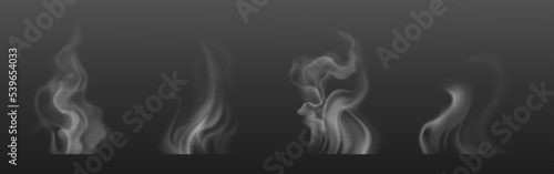 Tea smoke, coffee cup, food steam or vapor clouds, realistic white cigarette or hookah steam trail, hot dish or mug haze isolated design elements on black background, 3d Vector illustration, set