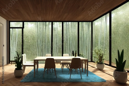 Country living room, eco interior design in blue tones, sustainable parquet, dining table with chairs, potted plants and bamboo ceiling. Natural recyclable architecture concept, 3d illustration © 2rogan