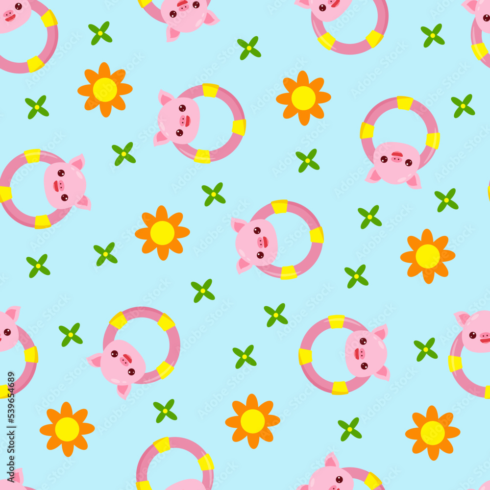 Seamless pattern with animals on a blue background. A pattern with a baby rattle in the form of a pig. Kawaii animals Seamless pattern with animals on a blue background. A pattern with a baby rattle in the form of a pig. Kawaii animals