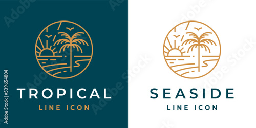 Tropical beach line icon. Palm tree paradise logo. Seaside travel emblem. Summer vacation symbol. Beach resort sunset sign. Vector illustration.