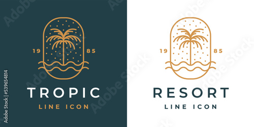Tropical beach resort line icon. Palm tree logo. Seaside paradise emblem. Summer vacation symbol. Exotic beach hotel sign. Vector illustration.