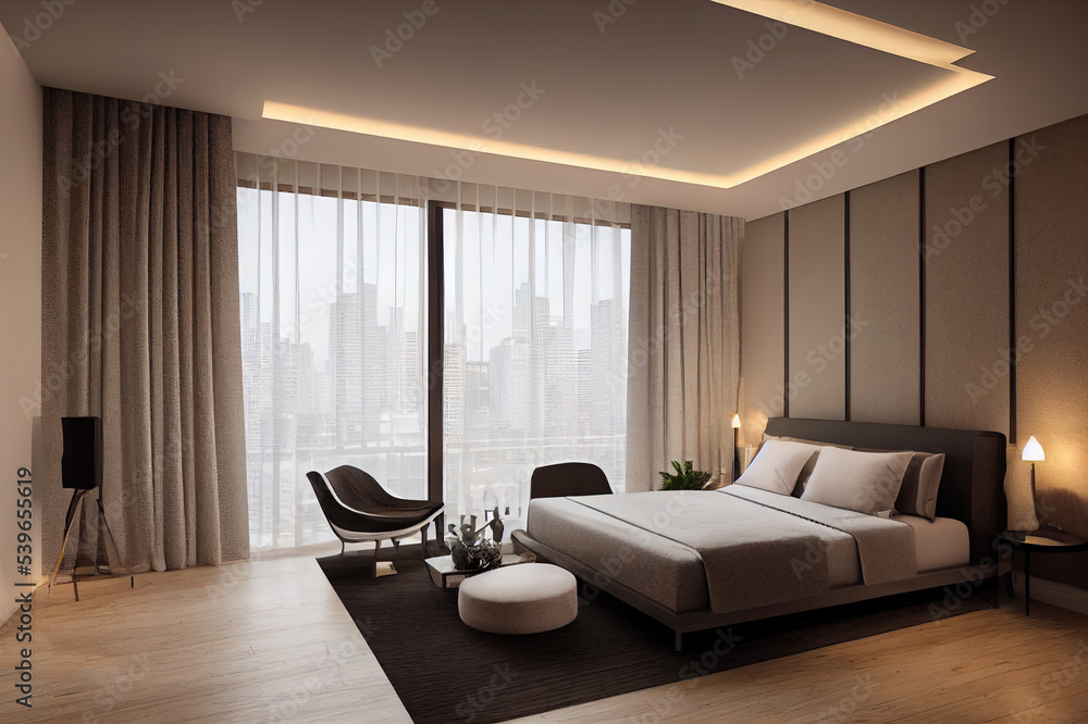 Modern mock up room interior with balcony, 3d rendering studio apartment or condominium interior design and decoration.