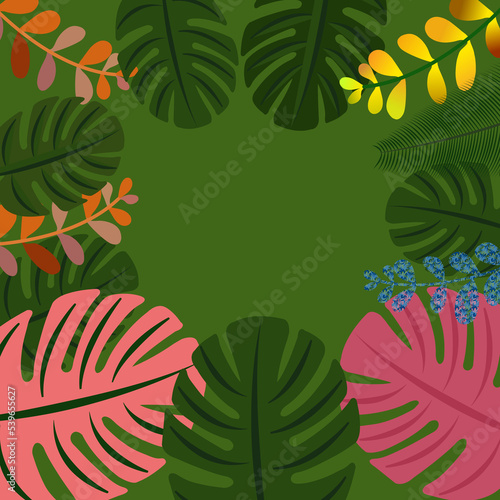 Colorful leaves on the green background.   