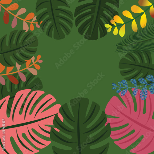Colorful leaves on the green background.   