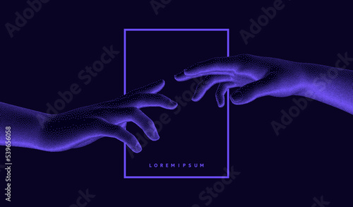 Hands reaching towards each other. Concept of human relation, togetherness or  partnership. 3D vector illustration. Design for banner, flyer, poster, cover or brochure.