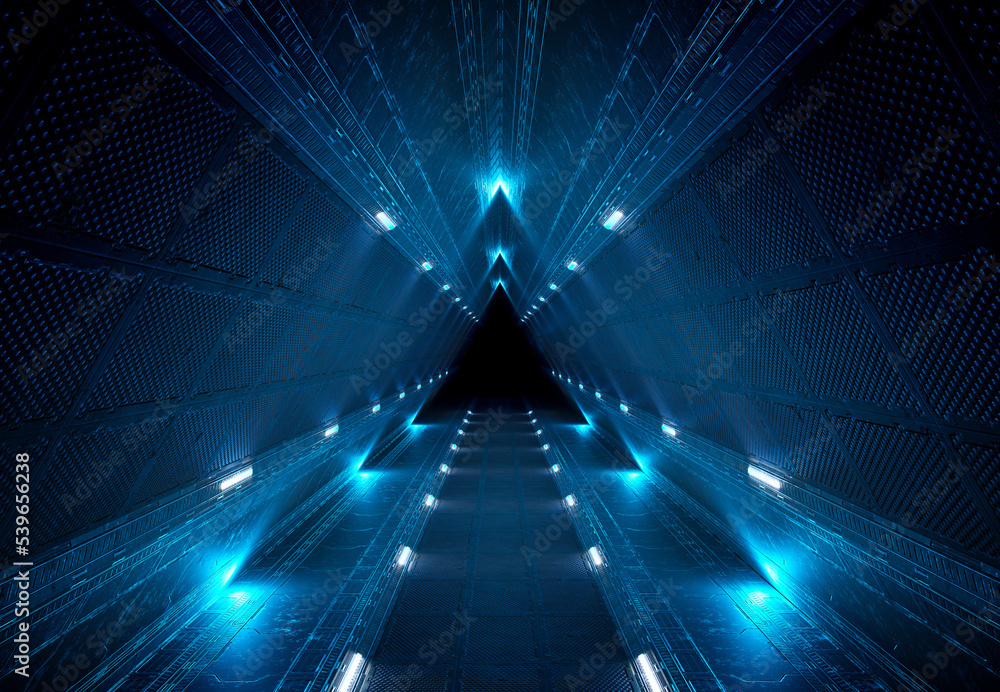 Fototapeta premium Futuristic interior corridor with blue neon lights walls. Triangle shaped spaceship background in space station. Pyramid style tunnel with lit path way. Cyber room with laser. 3d rendering