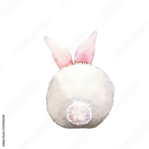 Cute rabbit watercolor illustration. Easter bunny. Hand painted art isolated on white background. Fluffy animal, cotton tail pet. Element for decorative kids design photo