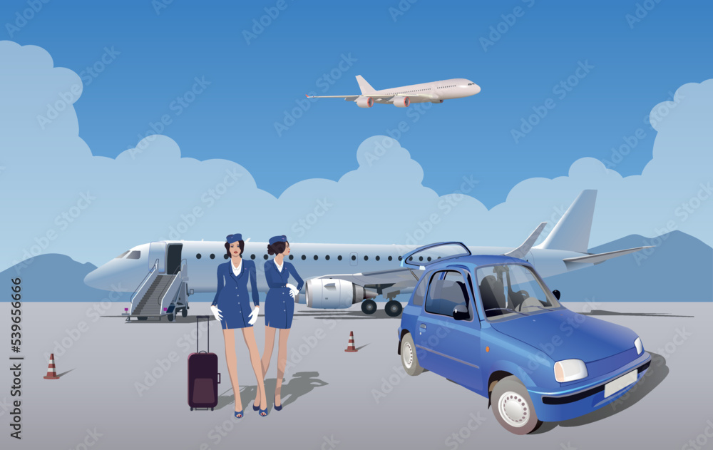 Flight attendants near a charter plane. Vector.