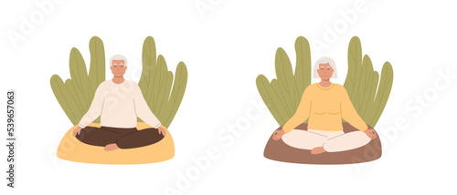 Senior female and male people sitting outdoor at park and practicing yoga or meditation. Modern elderly woman and man with crossed legs closed eyes meditating on nature. Isolated vector characters.