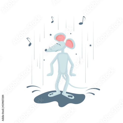 cute gray mouse dancing in a puddle in the rain