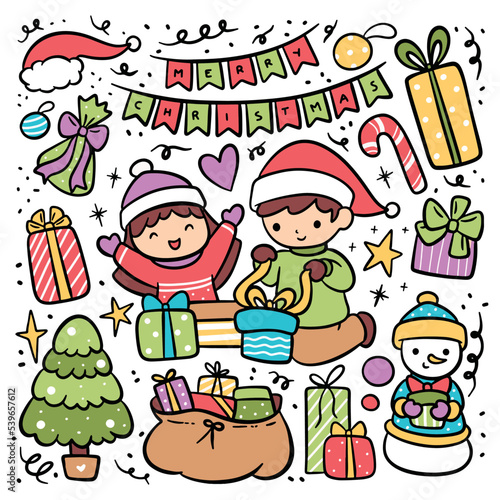Cartoon Happy Kids Open Christmas Gift  Doodle Christmas Elements