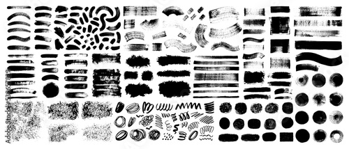 Set of black paint, ink brush strokes, brushes, lines. Vector dirty, grunge artistic design elements, backgrounds, textures.