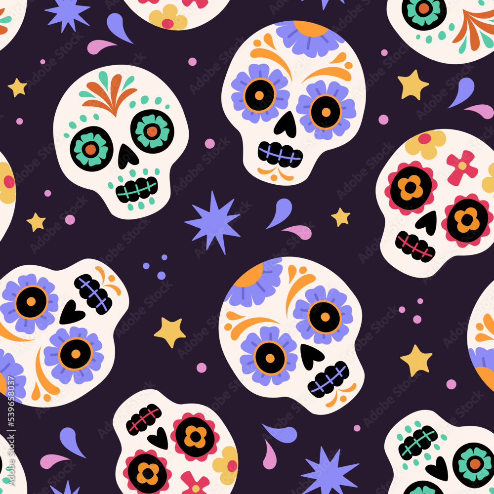 Day Off The Dead pattern. Vector cartoon seamless pattern with Mexican traditional festive sugar skulls and stars. Isolated on black background Day Off The Dead pattern. Vector cartoon seamless pattern with Mexican traditional festive sugar skulls and stars. Isolated on black background